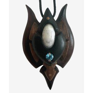 Handmade Nature Pendant Aquamarine Artisan Rosewood Wood Gemstone Necklace